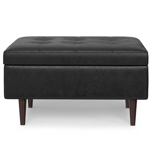 SIMPLIHOME Shay 34 inch Wide Mid Century Modern Small Rectangle Coffee Table Storage Ottoman in Distressed Black Vegan Faux Leather, Assembled, for The Living Room, Entryway and Family Room