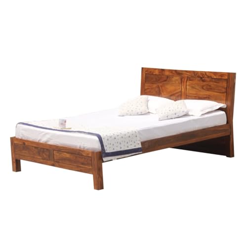 Image of Classic Panel Sheesham Wood Queen Size Bed Without Storage | Wooden Queen Size Double Bed Cot for Bedroom Furniture | Modern Palang Bed for Home & Hotels | Honey Finish