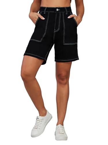 Image of Dolce Crudo Women's Relaxed Fit Mid-Rise Denim Shorts with Adjustable Waist & Frayed Hem
