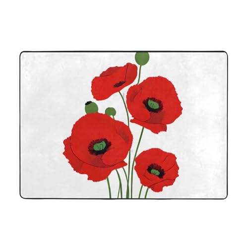 Poppy Flowers Print Living Room Anti Slip and Absorbent Carpet, Indoor Bedroom Bed Floor Mat, Ultra Soft Washable Carpet 80x58 in