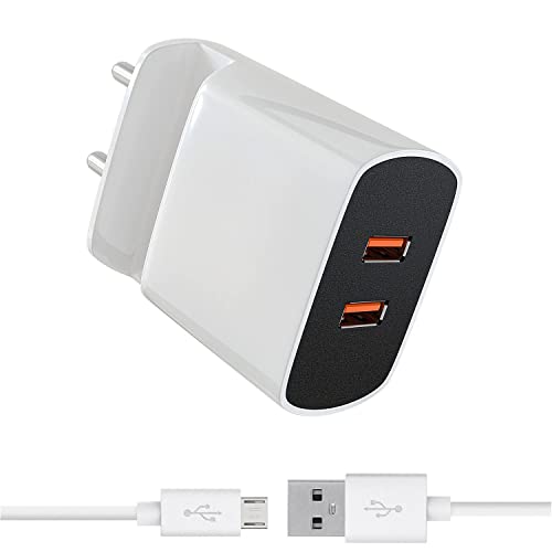 Image of Dual Port Charger for Itel A60S Charger Original Adapter Like Wall Charger | Android Mobile Fast USB Charger with 1 Meter Micro USB Charging Data Cable (3.4 Amp, S2, White)