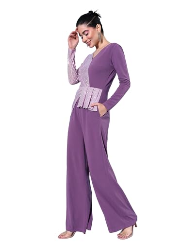 Image of Miss Chase Women's Halter Neck Sleeveless Solid Wide Leg Sequin Paneled Regular Length Jumpsuit