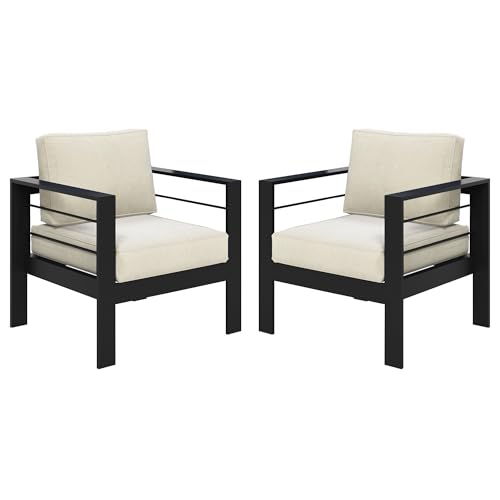 Solaste Patio Furniture Metal Armchair,2 PCS All-Weather Aluminum Garden Outdoor Contemporary Sofa Chair with Cushions, Beige