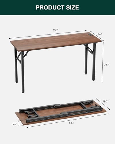 Image of Frylr Small Folding Computer Desk - 55.1 Inch Portable Table for Craft and Study, Lightweight Desk for Small Spaces, Foldable Laptop Table Built-in AC /USB Outlets for Convenience, Dark Walnut