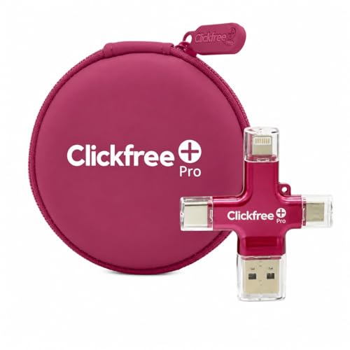 Clickfree Pro 128GB 4-in-1 Photo & Video Backup Device for iPhone Android iPad & Mac Includes Photo Book Voucher + Unlimited AI Credits (Garnet Red)