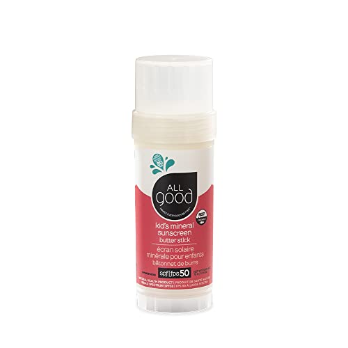 Image of All Good Baby & Kids Mineral Sunscreen Butter Stick for Face, Nose, Ears - UVA /UVB Broad Spectrum SPF 50, Coral Reef Friendly, Water Resistant, Zinc Oxide, Coconut Oil, Beeswax, Vitamin E (2.75 oz)