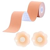 NOPKESV Riutilizzabile, Reggiseno Push-Up Invisibile Senza Spalline, Cerotto con 1 Paio di Copri Capezzoli in Silicone, Boob Tape, Alza Adesivo, per Abiti da Sera, Ballo e Sposa (5 cm x 5 m)