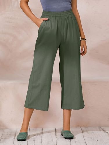 Image of ECUPPER Womens Cotton Cropped Pants Loose Fit Wide Leg Trousers | Casual, Plus Size, Elastic Waist, Capri, 100% Cotton, Slant Pockets, High Rise Waist, Lounge Pants