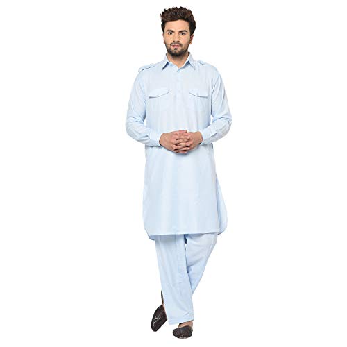 Men's Pathani Kurta Set Cotton Plus Size Kurta Pyjama Party Wear Dress Indian Traditional Pathani Eid Kurta with Salwar (Sky-Blue, S - 40" Chest Size)