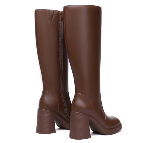 Athlefit Brown Boots Women Fall Knee High Platform Boots Waterproof Leather Chunky Blocked Booties Size 10 by Athlefit - Used condition - Image 6