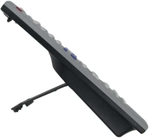 Side view of the replacement remote control, showing its ergonomic shape and a small stand at the bottom.