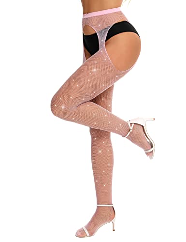 Image of RSLOVE Fishnet Stockings Rhinestone High Waist Tights Pantyhose Women's Sexy Sparkle Stockings
