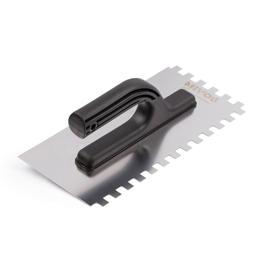 Mivos Zahnglättekellen-Set 4-tlg - Edelstahl Zahnkelle 6x6 8x8 10x10 12x12 mm - Gezahnt Glättekelle 270 x 130 mit Kunststoffgriff - Rostfreie Fliesenkelle - Traufel - Made in EU