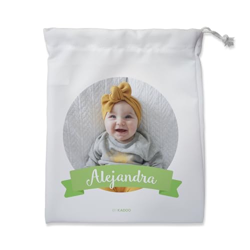 Kadoo Regalos Bolsa Merienda Personalizada Infantil Lazo Con Foto Y Nombre | Vuelta al Colegio/Guardería (Verde)