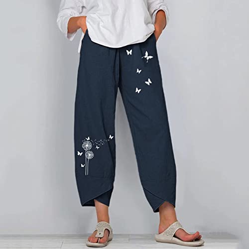 Image of Cotton Linen Capri Pants for Women 2025 Casual Printed Cropped Palazzo Pants Elastic Waist Lounge Baggy Trousers