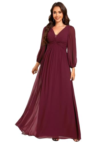 Ever-Pretty Abendkleid für Damen, V-Ausschnitt, Langarm, Plissee, A-Linie für Gäste, schick, EE02235-P, bordeaux, 54