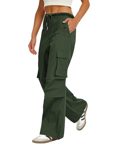 Womens Cargo Pants Elastic Waist Wide Leg Parachute Pants with 4 Pockets Baggy Hiking Trousers Travel Y2K Waterproof