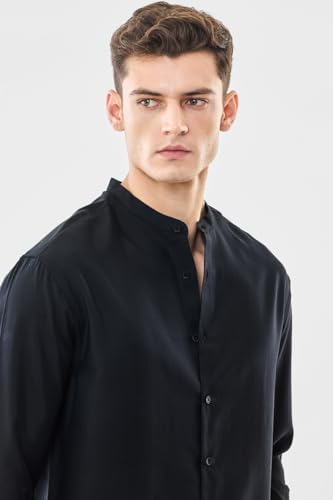 Image of SNITCH Men Casual Shirt | Oversized Fit Full Sleeve Mandarin Collar Solid Design | Modal Blend & Breathable Fabric for Everyday Wear & Semi-Formal Occasions