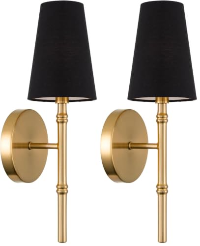 Image of Kira Home Torche II 15 inch Petit Mid Century Modern Gold Wall Sconce with Tapered Black Linen Shade, Gold Wall Light with Slim Black Cone Shade, Cool Brass Finish (Pack of 2)