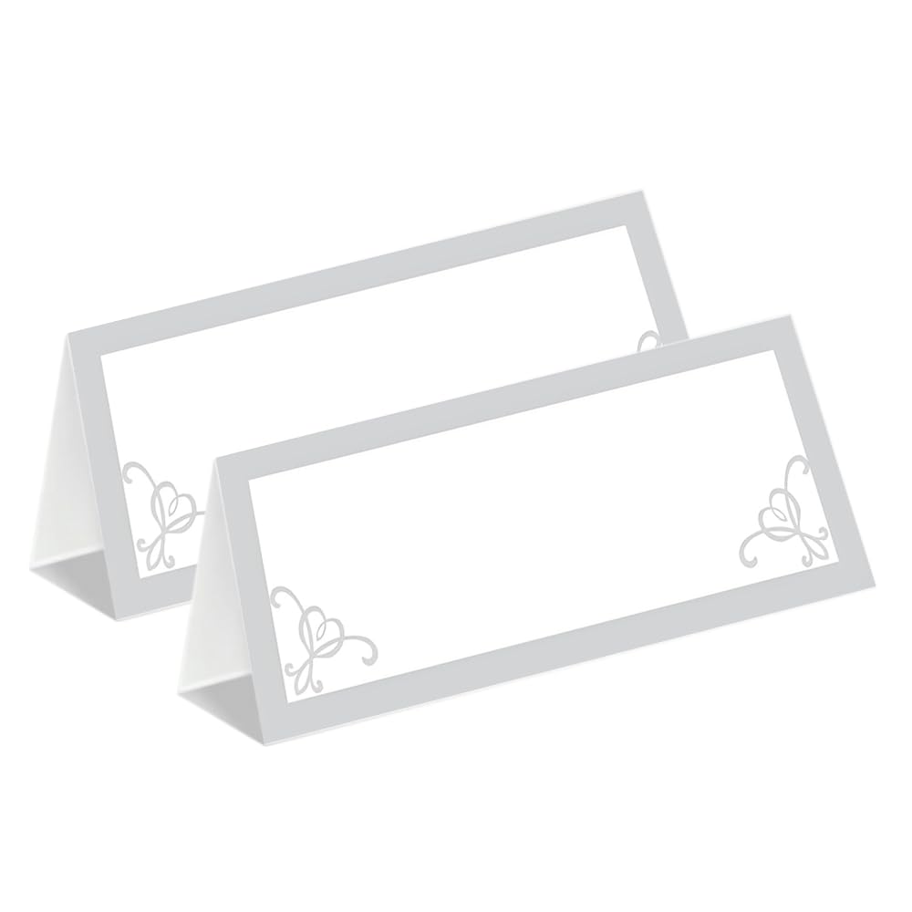 Table Place Cards 24Pcs - Silver Border Blank Foldable Tent Seating Name Cards for Wedding, Birthday, Dinner Party, Reception, Banquet Decoration