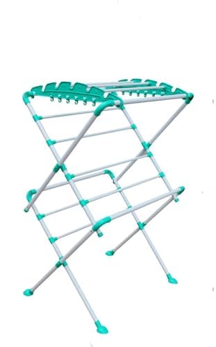 Image of HOUZA Alloy Steel Extra Large Cloth Drying Stand | Foldable Cloth Dryer Stand | Additional Hanger Slots to Hang Shirts on a Hanger| (White, Green)