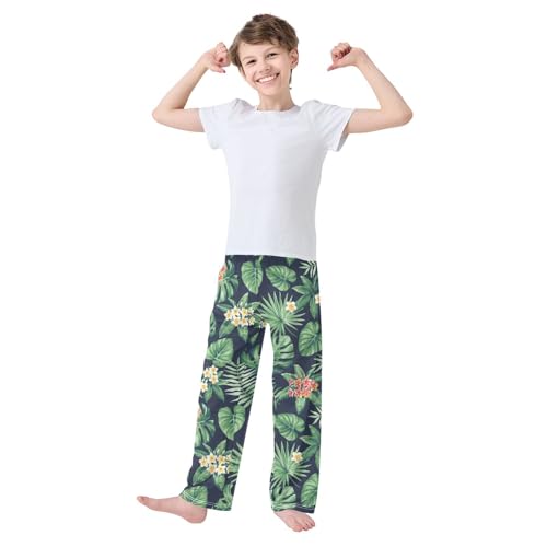 Palm Leaves Floral Boys Long Pants Soft Trousers Elastic Waist Kids Lounge Bottoms with Pockets S-XL2