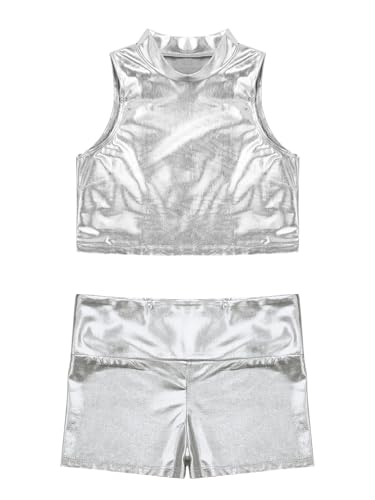 Kids Girls 2pcs Shiny Metallic Gymnastics Dance Tracksuit Sleeveless Mock Neck Crop Top Vest And Boy Shorts Set Silver 16 Years3