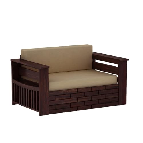 Image of Amazon Brand - Solimo Sheesham Wood Italian 2 Seater Sofa Cum Bed with Cushions and Side Pockets Storage | Multipurpose Sofa Furniture for Living Room and Home (Walnut Finish)