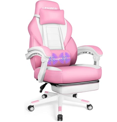LEMVERI Pink Gaming Chair with Footrest, Kids-Friendly Pink Gamer Chair