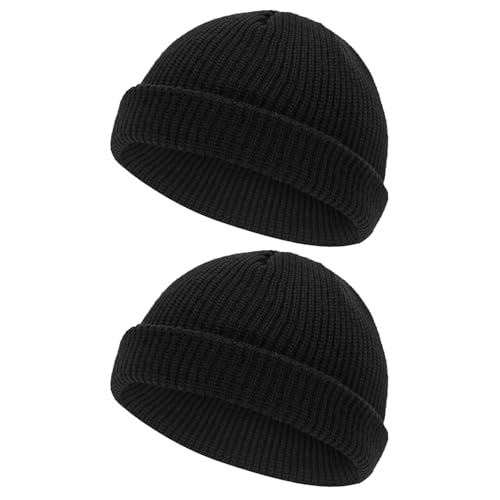 FUIPVGI 2 Piezas Gorro para Hombre de Invierno, Gorra de Béisbol Retro Trawler Unisex, de Pescador, de Punto Con Puños, Elástico Con Borde Enrollable Suave (Negro)
