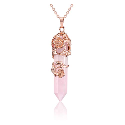 Top Plaza Rose Gold Flower Wrapped Necklace Natural Rose Quartz Healing Crystal Stone Point Pendant Necklaces