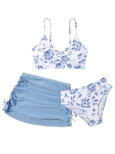 QJQ Girl's 3 Piece Floral Swimsuit Cute V Neck Bikini Set High Waisted Bathing Suit Sheer Mesh Cover Up Skirt