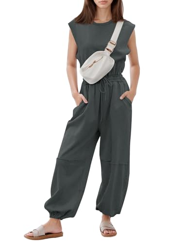 Flygo Womens Casual Jumpsuit Crewneck Cap Sleeve Long Wide Leg