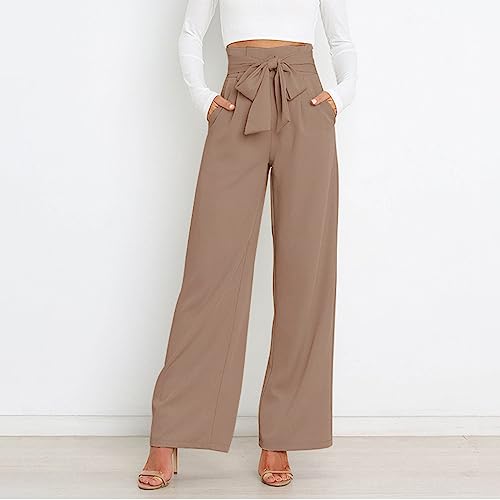 Womens High Waist Pants Business Casual Wide Leg Pants Solid Color Straight Leg Trousers Trendy Loose Cropped (Brown, L)3