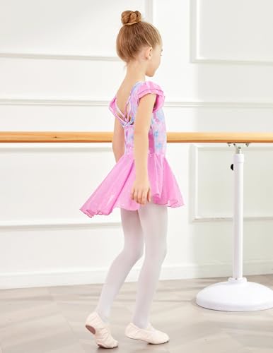 Image of Arshiner Girls Shiny Ruffle Sleeve Ballet Leotard with Skirt Criss-Cross Back Dance Dresses