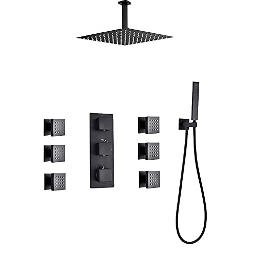 Système thermostatique noir ensemble de douche complet ciel de pluie 16" et douchette