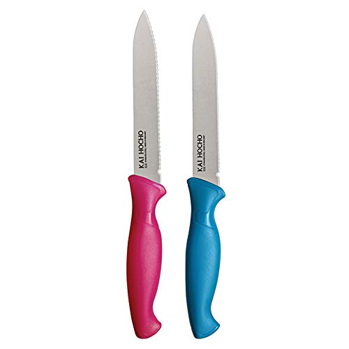 KAI Stainless Steel Kitchen and Vegetable Knife Plain and Serrated Blade Set, 2-Piece (Pink-Blue)