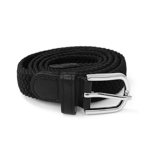 kwinfei Kids Elastic Black Belt for Boys and Girls Stretch No Hole Mesh Weave Belt for Ages 4-12 Comfortable Sports Waistband Adjustable Elastic Belt for Youth.