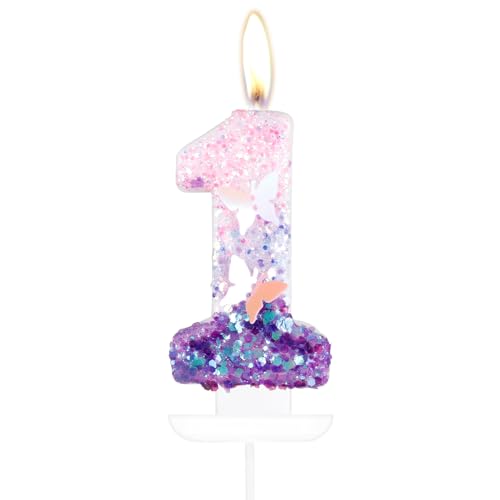 Bougies en forme de papillon violet en forme de chiffre 1, bougies d'anniversaire pour gâteau, 1er anniversaire de filles, décorations de gâteau pour...