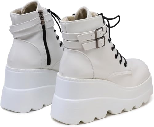 Image of Womens Goth Platform Boots Chunky High Heel Booties Round Toe Combat Ankle Boots Womens Lace Up Motorcycle Wedges Shoes