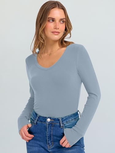 Image of ANRABESS Long Sleeve V Neck Shirts for Women | Soft Comfy Ribbed Knit Fitted Tshirts, Casual Going Out Tops, 2026 Trendy Basic, Fall Winter Underscrub Layering Clothes