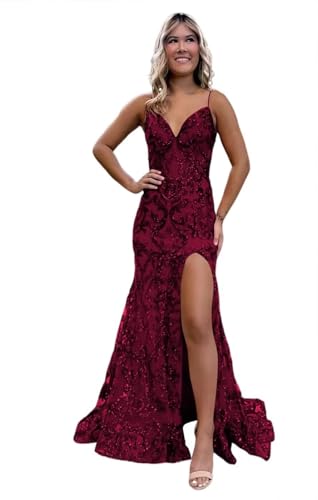 Image of RSOETOO Sparkly Sequin Prom Dresses 2026 with Slit Lace Mermaid Formal Evening Gowns for Women RON058