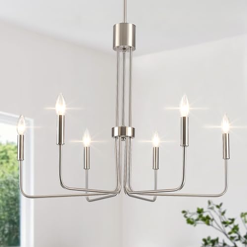 Modern Dining Room Light Fixtures 6-Light Brushed Nickel Candle Chandelier