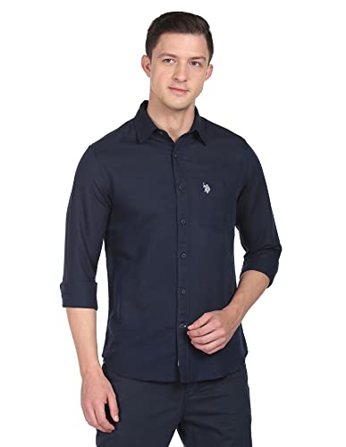 Image of U.S. Polo ASSN. Men's Solid Cotton Linen Tailored Fit Spread Collar Casual Shirt
