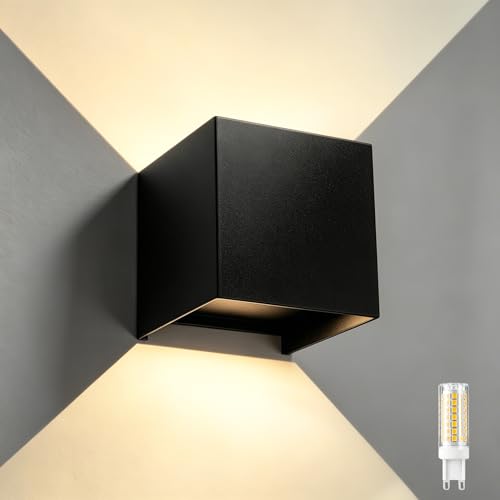 Image of JYV Outdoor Wall Lights, Square Up and Down Lighting Fixtures, Black | IP65, Aluminum, 6W 3000K Bulb, G9 Base, Outdoor Cube Wall Sconces, Angle Adjustable, for Porch, House, Garage, Patio