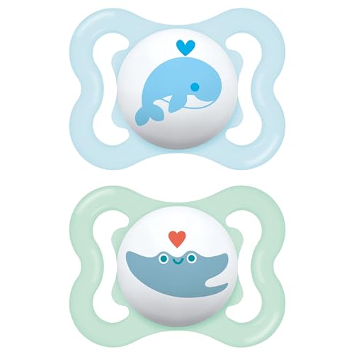 MAM Chupete con Escudo Ventilado, 2-6 Meses, con Tetina Simétrica, Plana y Flexible de Silicona Skin Soft Silicone de Fácil Aceptación, con Caja Autoesterilizadora, MAM Air, Azul Brillante, Pack 2uds