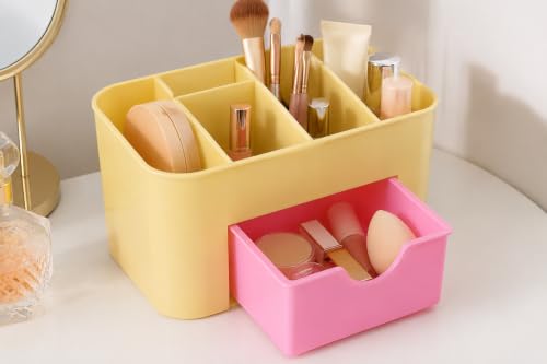 Image of Desktop Makeup Organiser, PP Plastic, Multi-Compartment with Pull-Out Drawer, Yellow and Pink, for Cosmetics and Stationery