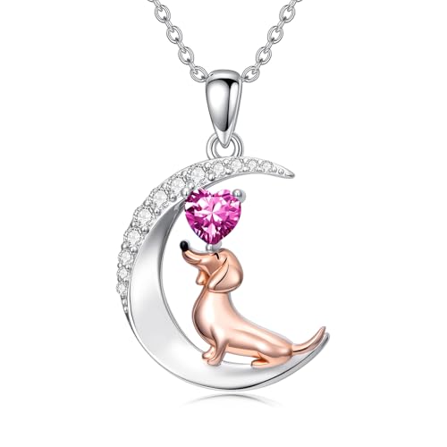Image of PROESS Animal Birthstone Necklace 925 Sterling Silver Otter /Axolotl /Hippo /Elephant /Dachshund /Monkey /Red Panda Pendant Necklace Animal Birthstone Jewelry Gifts for Women