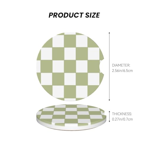 Image of Green White Checkered Buffalo Plaid Car Coasters for Cup Holder - Absorbent Ceramic 2 Pack With Anti-Slip Cork Base and Finger Notch - Interior Accessories for Women Men 2.56 inch