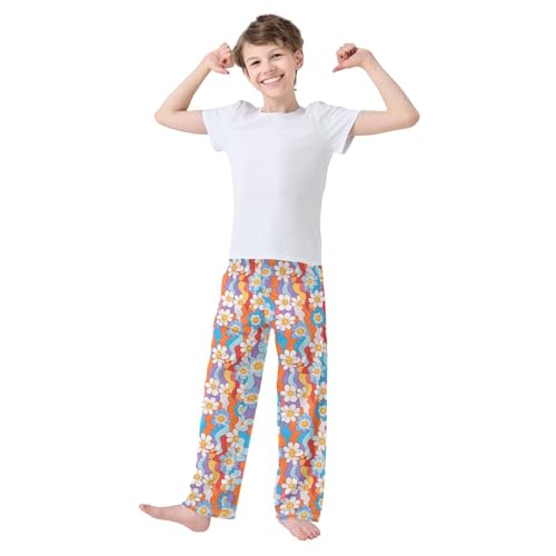 Pajama Pants Sleep Pants Soft Elastic Waist Pajama Lounge Pants White Blue Yellow Flower for 6-14 Years Old3